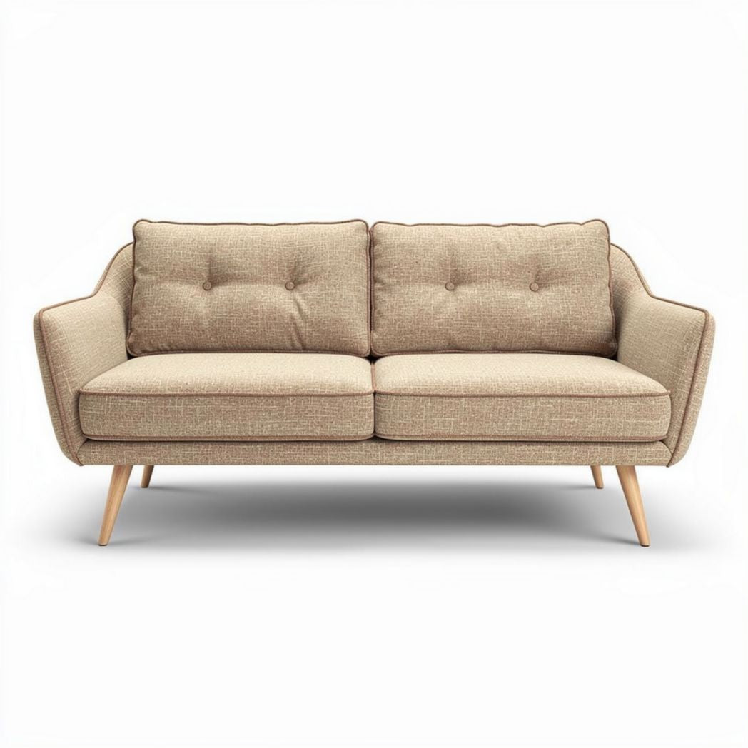 Bank met een stoffering van lichtbruin textiel en houten poten 200 x 90 x 80cm