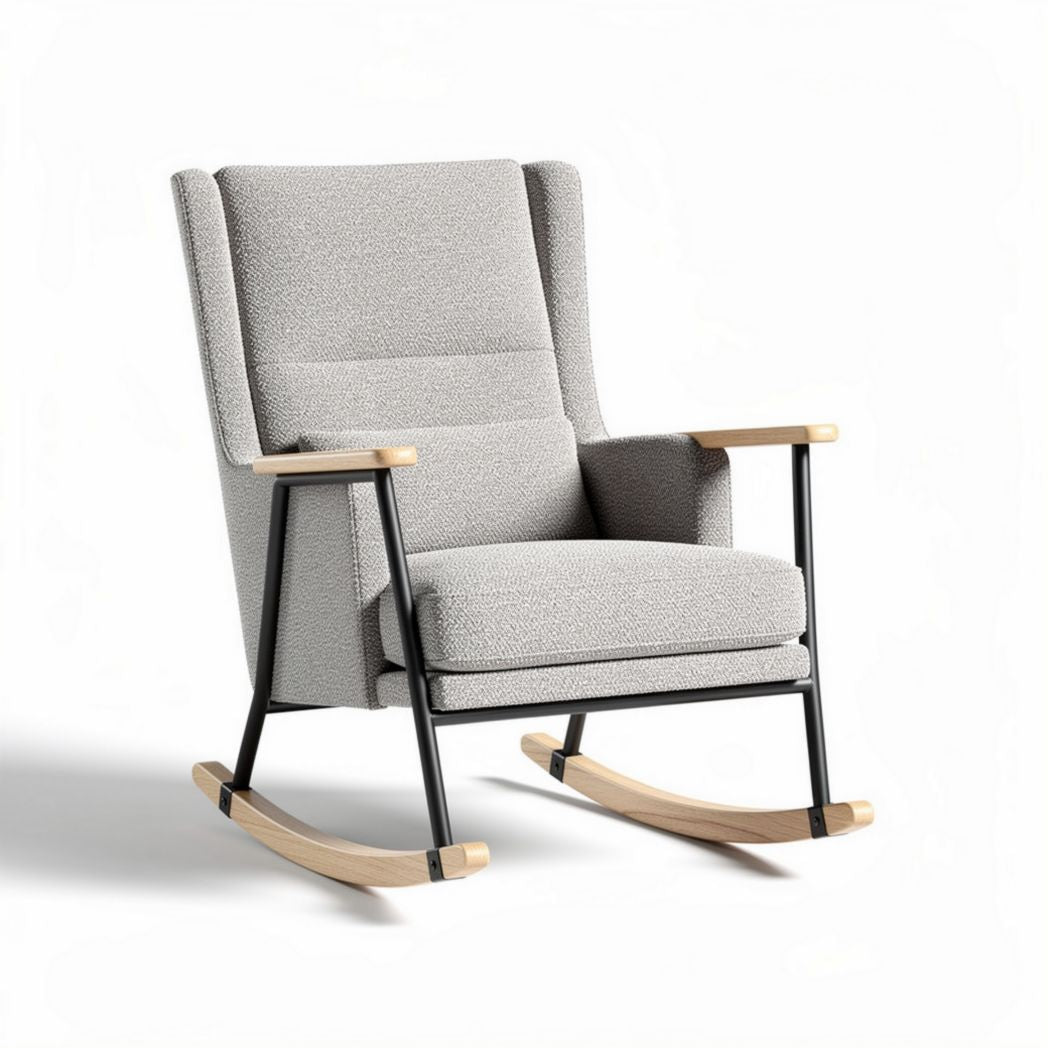 Schommelstoel met stoffen bekleding en houten armleuningen grijs 90 x 75 x 100cm