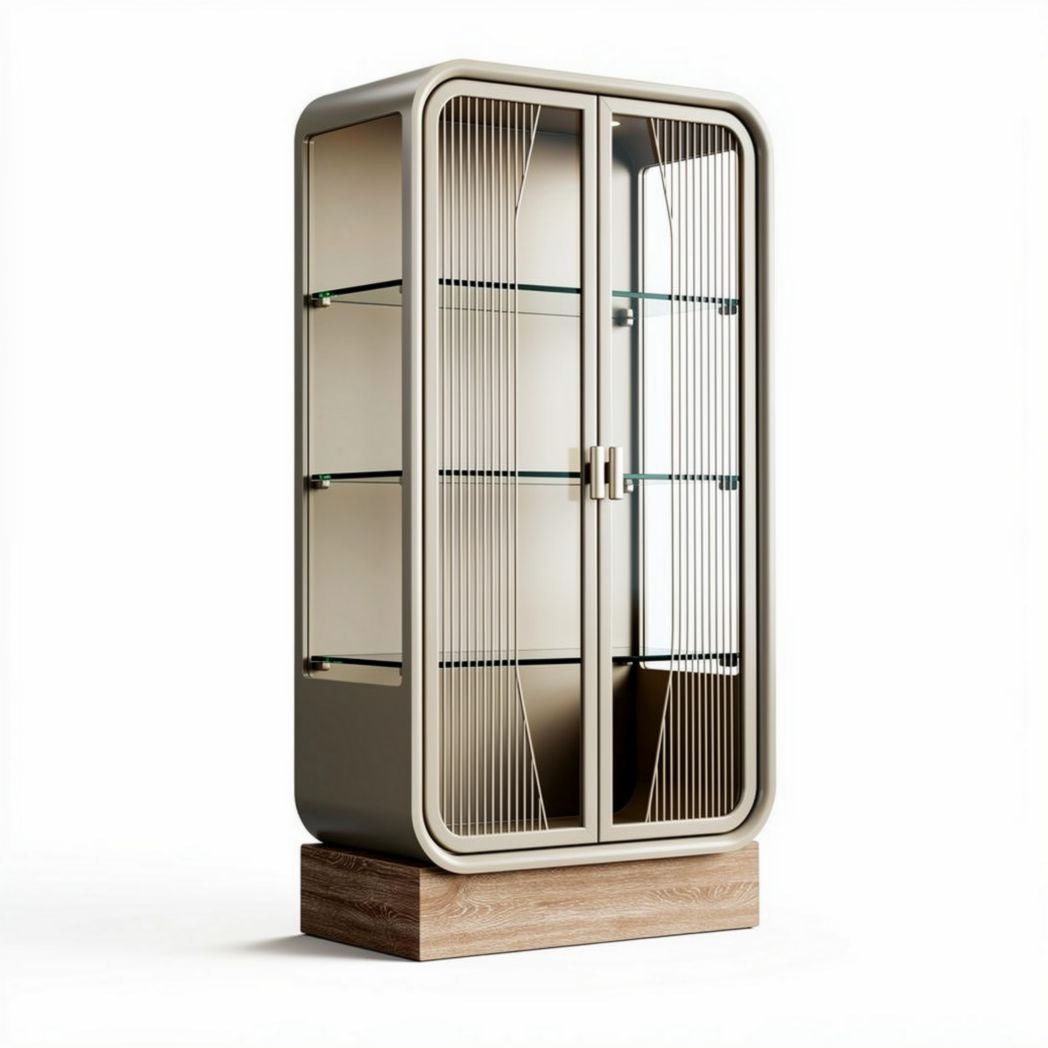 Glazen vitrinekast met houten voet en voorgevormde deuren 80 x 40 x 180cm