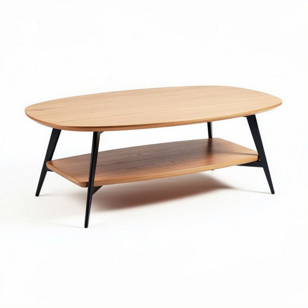 ovale houten salontafel met zwart metalen onderstel 130 x 70 x 40cm