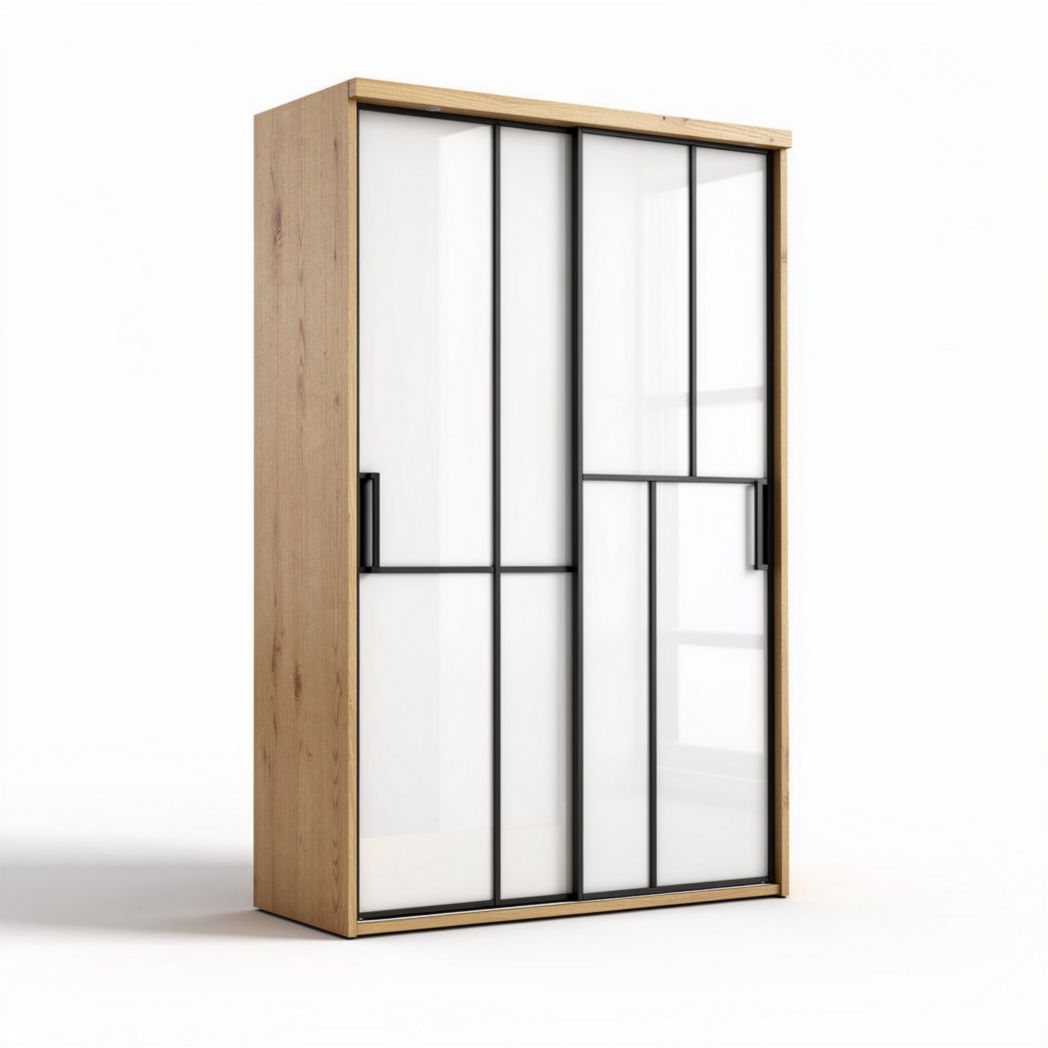 Kast met schuifdeuren van hout en glas 90 x 45 x 180cm natuurkleur
