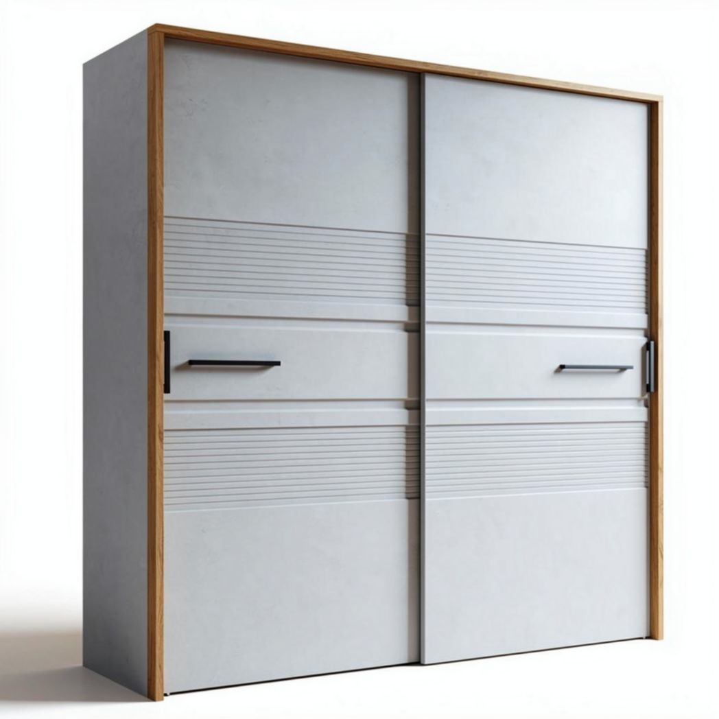 Kast met schuifdeuren van betonlook en houten afwerking 200 x 200 x 60cm