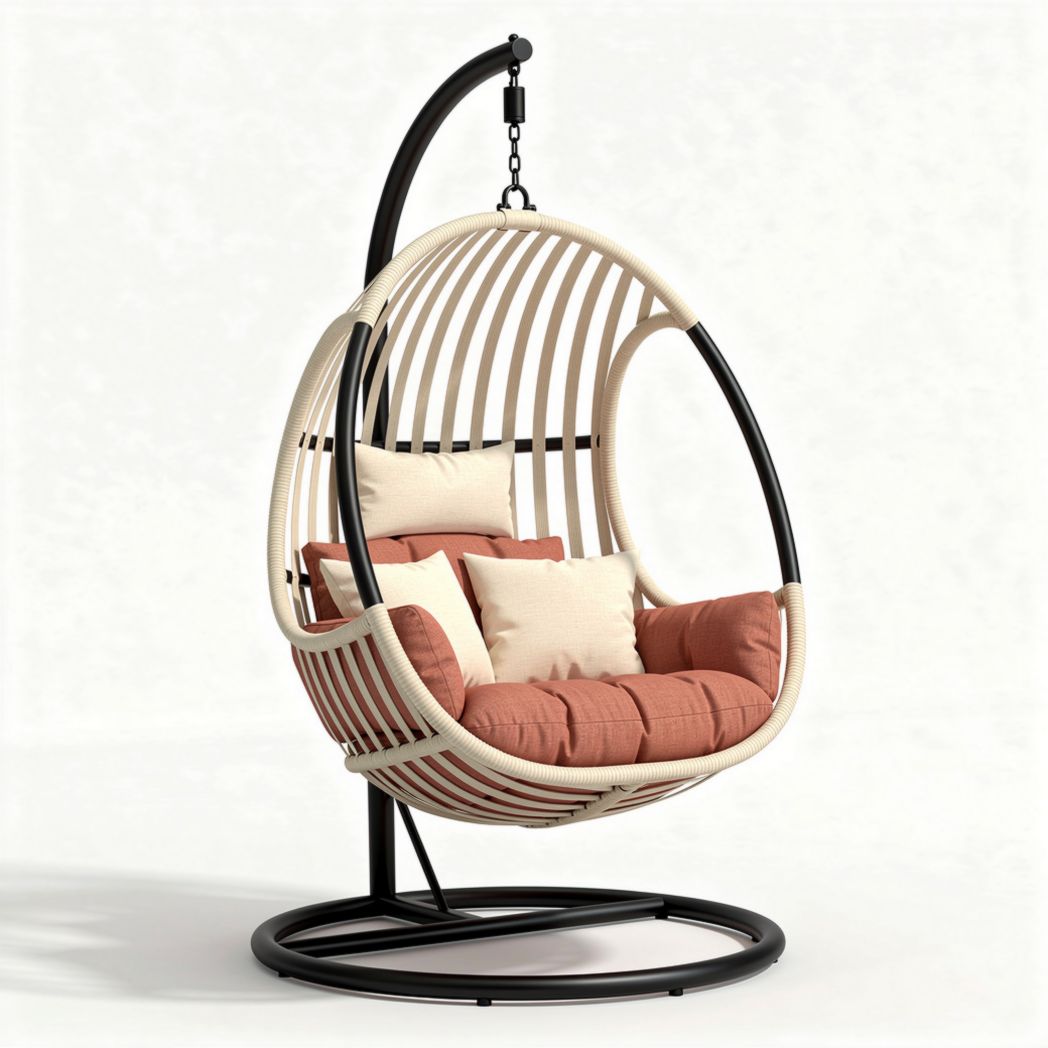 Hangstoel van rattan met kussens in terracotta 100 x 100 x 150cm